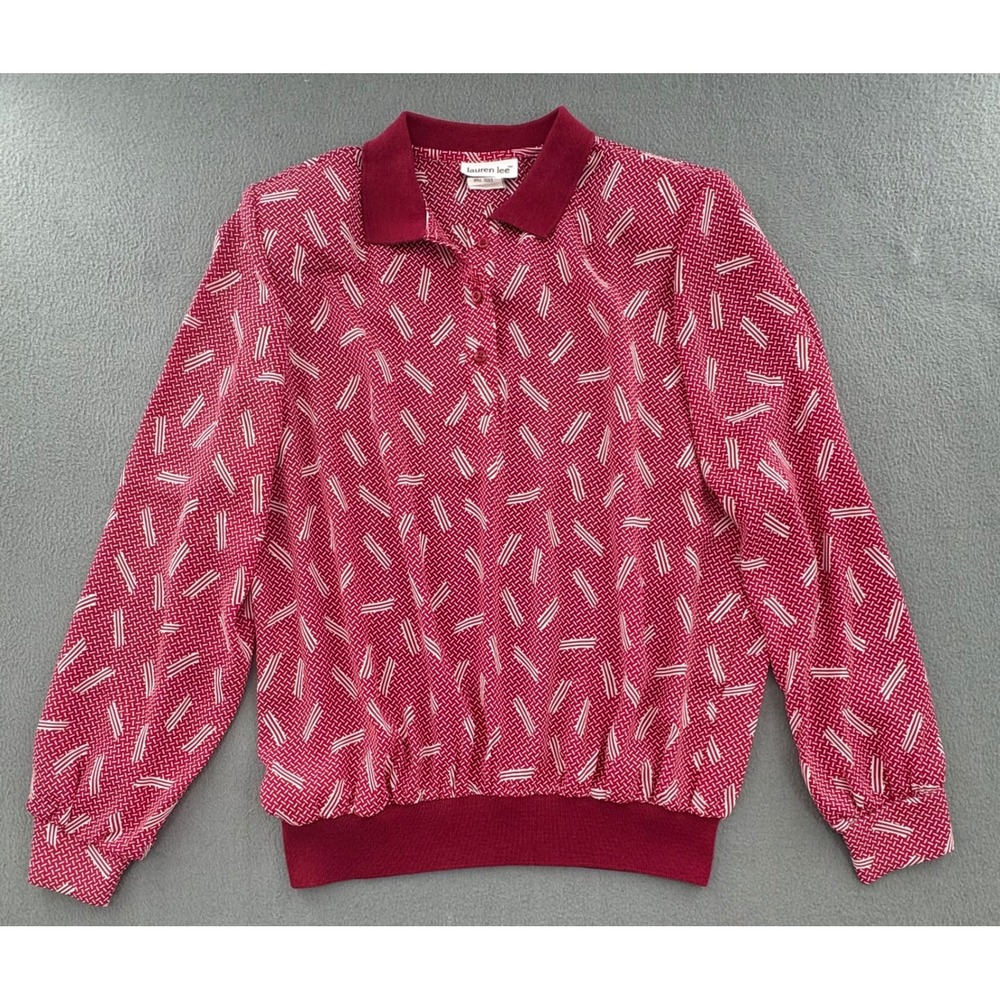 Lauren Lee Blouse Sz 16 Red Vtg 80s Geometric Abstract Long Sleeve Retro Career